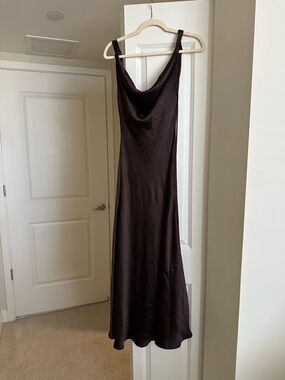 Zara Satin Cowl Neck Maxi Dress in Dark Brown